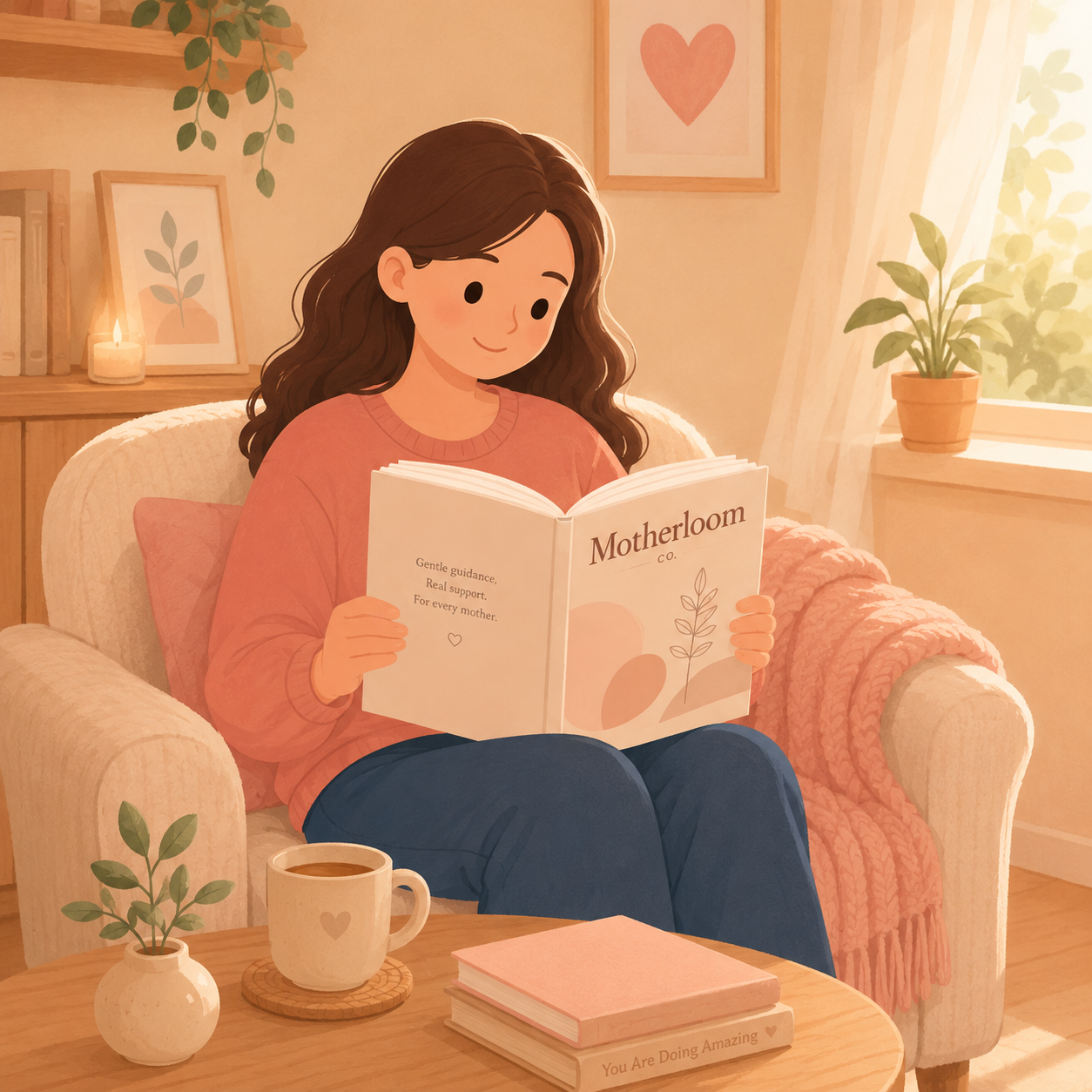 Illustration of a mother reading a Motherloom guide in a cosy armchair