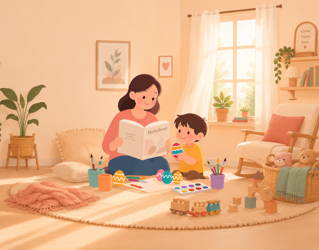 A mother reading to her child in warm morning light